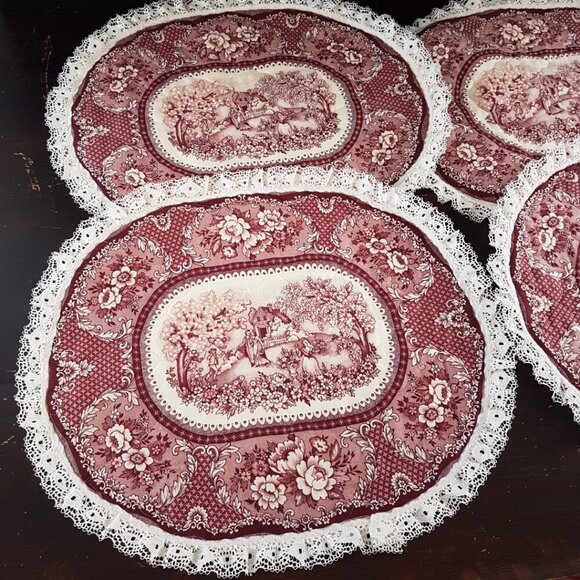 4pc Vintage Oval Quilted Toile Fabric Placemats Set - Picture 4 of 11